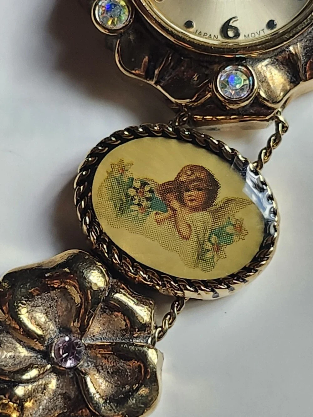 Vintage Gold Tone Floral Bracelet Watch with Cherub Medallions